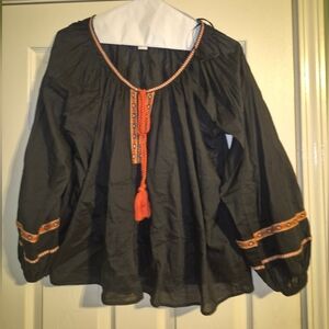 Embroidered Black Blouse with Orange Accents
